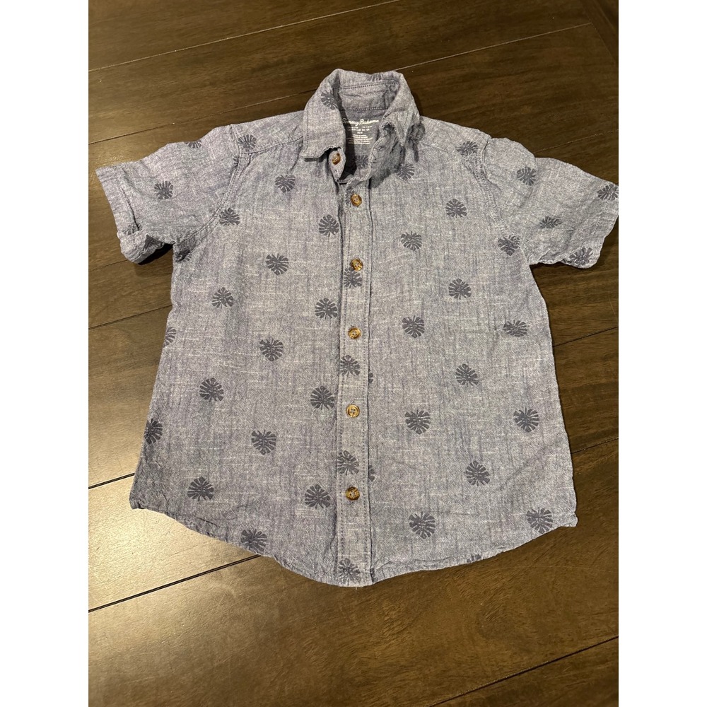 Tommy Bahama Boys Blue Monstera Leaf Print Cotton Button Down Shirt Size M 7/8